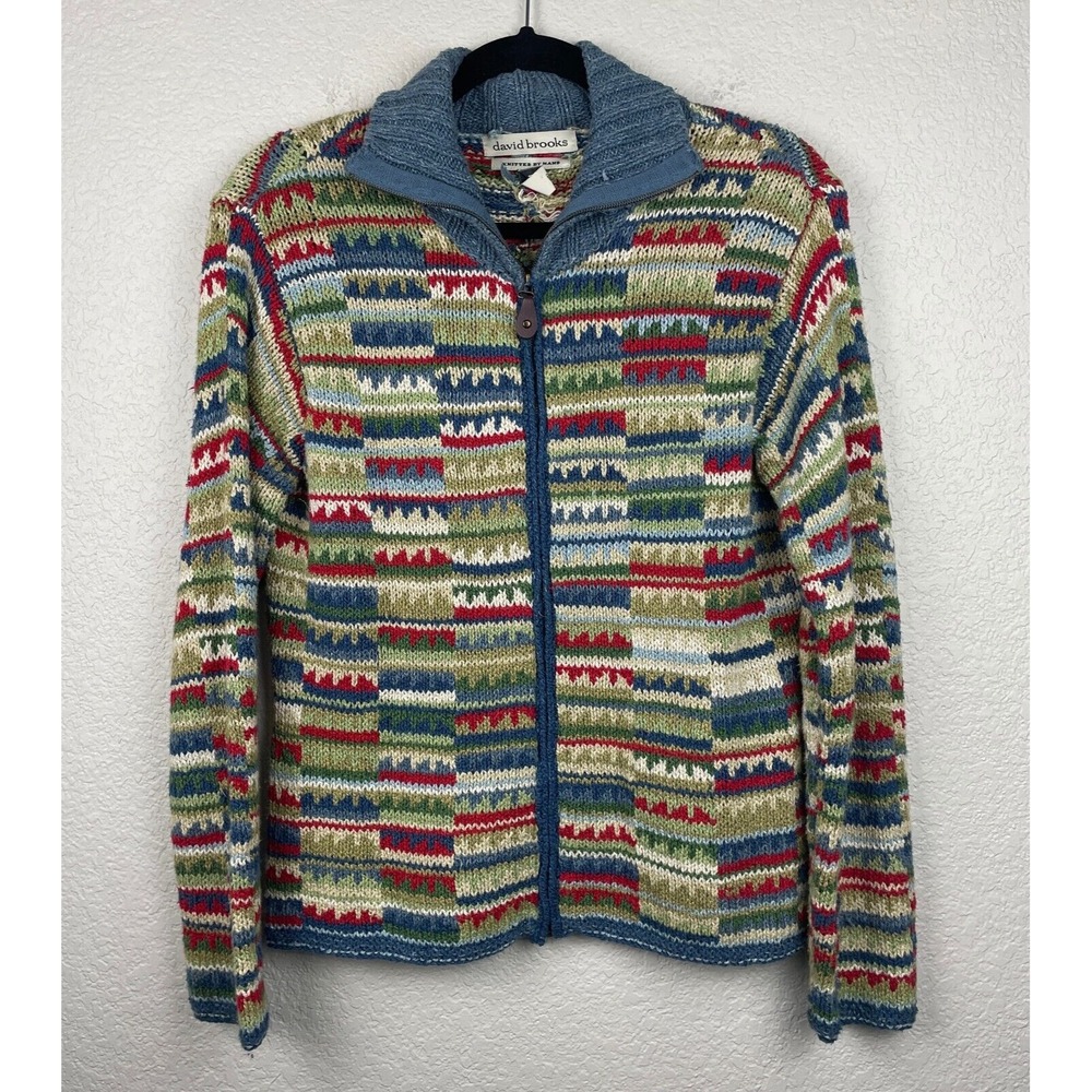 Vtg David Brooks‎ Hand Knit Cardigan Sweater Sz Medium Silk Blend Aztec Boho Zip